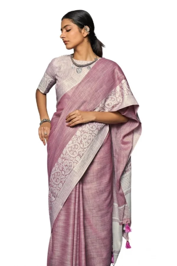 Women's Linen Printed Saree With Unstitched Blouse 5.5Mtr (Purple)