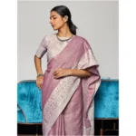 Women's Linen Printed Saree With Unstitched Blouse 5.5Mtr (Purple) - Image 2