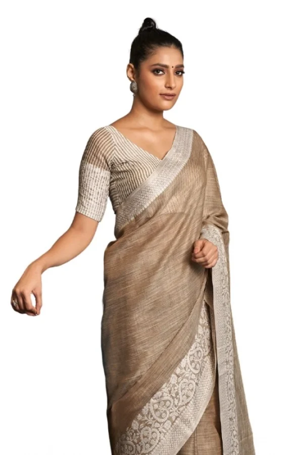 Women's Linen Printed Saree With Unstitched Blouse 5.5Mtr (Beige)