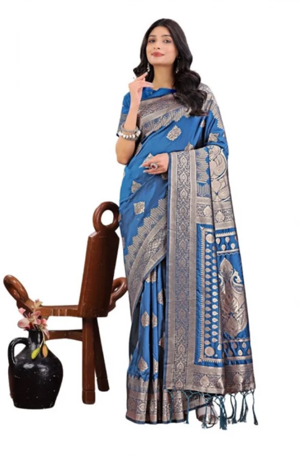 Women's Silk Printed Saree With Unstitched Blouse 5.5Mtr (Sky Blue)