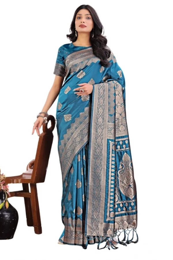 Women's Silk Printed Saree With Unstitched Blouse 5.5Mtr (Teal)