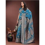 Women's Silk Printed Saree With Unstitched Blouse 5.5Mtr (Teal) - Image 3