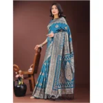 Women's Silk Printed Saree With Unstitched Blouse 5.5Mtr (Teal) - Image 2