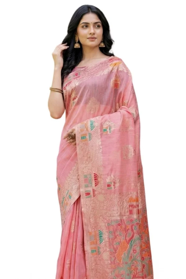 Women's Linen Cotton Printed Saree With Unstitched Blouse 5.5Mtr (Pink)