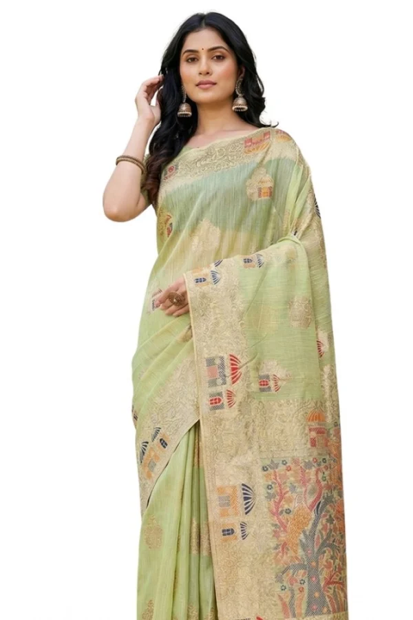 Women's Linen Cotton Printed Saree With Unstitched Blouse 5.5Mtr (Light Green)