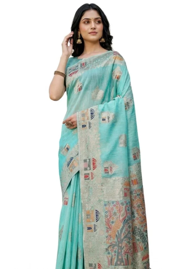 Women's Linen Cotton Printed Saree With Unstitched Blouse 5.5Mtr (Sky Blue)