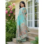 Women's Linen Cotton Printed Saree With Unstitched Blouse 5.5Mtr (Sky Blue) - Image 3
