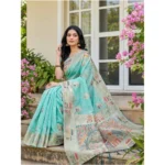 Women's Linen Cotton Printed Saree With Unstitched Blouse 5.5Mtr (Sky Blue) - Image 2