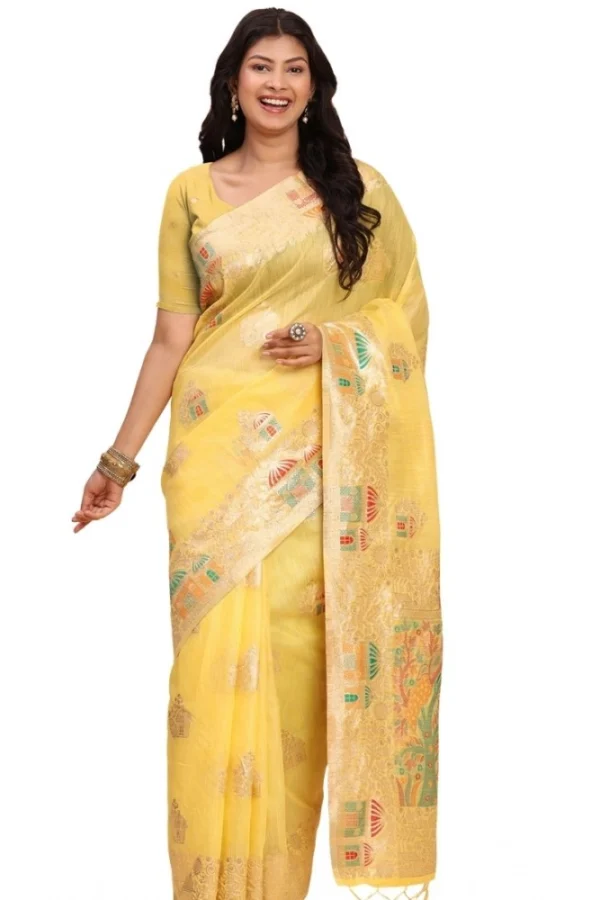 Women's Linen Cotton Printed Saree With Unstitched Blouse 5.5Mtr (Yellow)