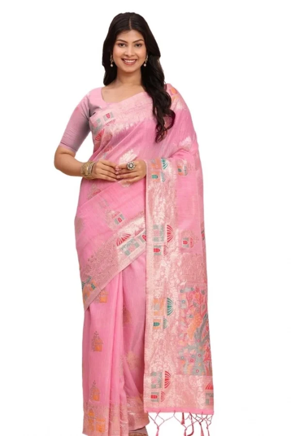 Women's Linen Cotton Printed Saree With Unstitched Blouse 5.5Mtr (Pink)