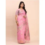 Women's Linen Cotton Printed Saree With Unstitched Blouse 5.5Mtr (Pink) - Image 2