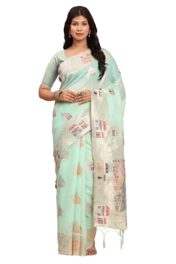 Women's Linen Cotton Printed Saree With Unstitched Blouse 5.5Mtr (Sea Green)