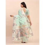 Women's Linen Cotton Printed Saree With Unstitched Blouse 5.5Mtr (Sea Green) - Image 4