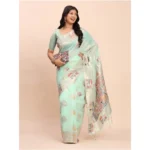 Women's Linen Cotton Printed Saree With Unstitched Blouse 5.5Mtr (Sea Green) - Image 3
