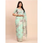 Women's Linen Cotton Printed Saree With Unstitched Blouse 5.5Mtr (Sea Green) - Image 2