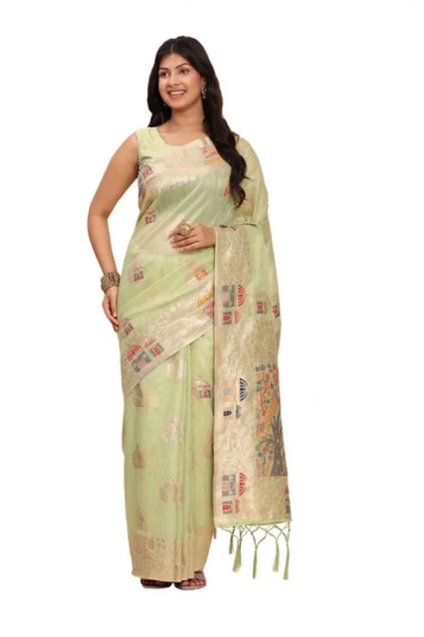 Women's Linen Cotton Printed Saree With Unstitched Blouse 5.5Mtr (Light Green)