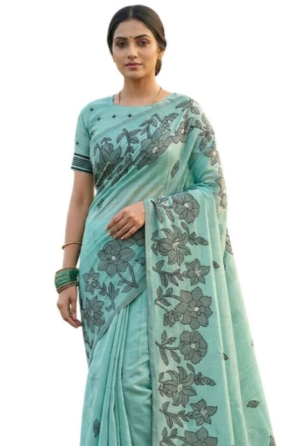 Women's Linen Cotton Printed Saree With Unstitched Blouse 5.5Mtr (Sea Green)