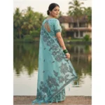 Women's Linen Cotton Printed Saree With Unstitched Blouse 5.5Mtr (Sea Green) - Image 4