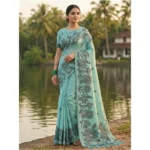 Women's Linen Cotton Printed Saree With Unstitched Blouse 5.5Mtr (Sea Green) - Image 3