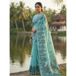 Women's Linen Cotton Printed Saree With Unstitched Blouse 5.5Mtr (Sea Green) - Image 2