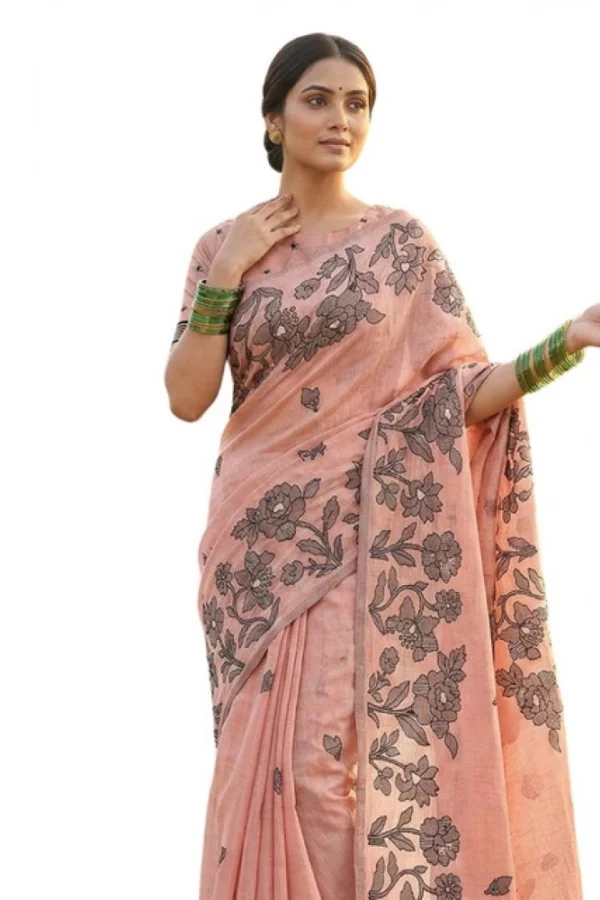 Women's Linen Cotton Printed Saree With Unstitched Blouse 5.5Mtr (Peach)