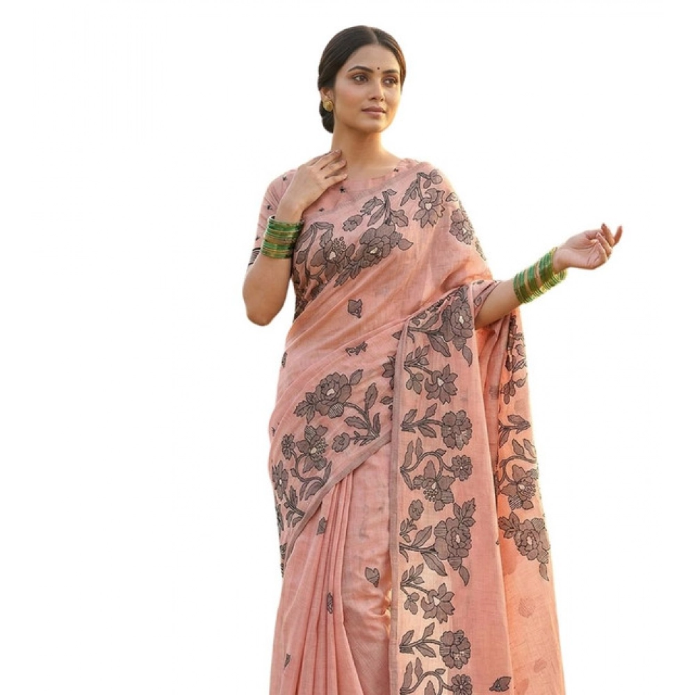 PID-65300-Women-s-Linen-Cotton-Printed-Saree-With-Unstitched-Blouse-5-5-Mtr-Peach-1-1000x1000-1.webp Women's Linen Cotton Printed Saree With Unstitched Blouse 5.5Mtr (Peach) - Image 1