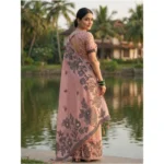 Women's Linen Cotton Printed Saree With Unstitched Blouse 5.5Mtr (Peach) - Image 3