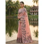 Women's Linen Cotton Printed Saree With Unstitched Blouse 5.5Mtr (Peach) - Image 2