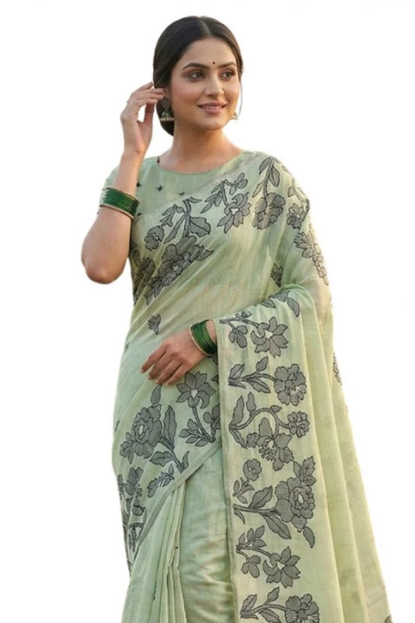 Women's Linen Cotton Printed Saree With Unstitched Blouse 5.5Mtr (Light Green)