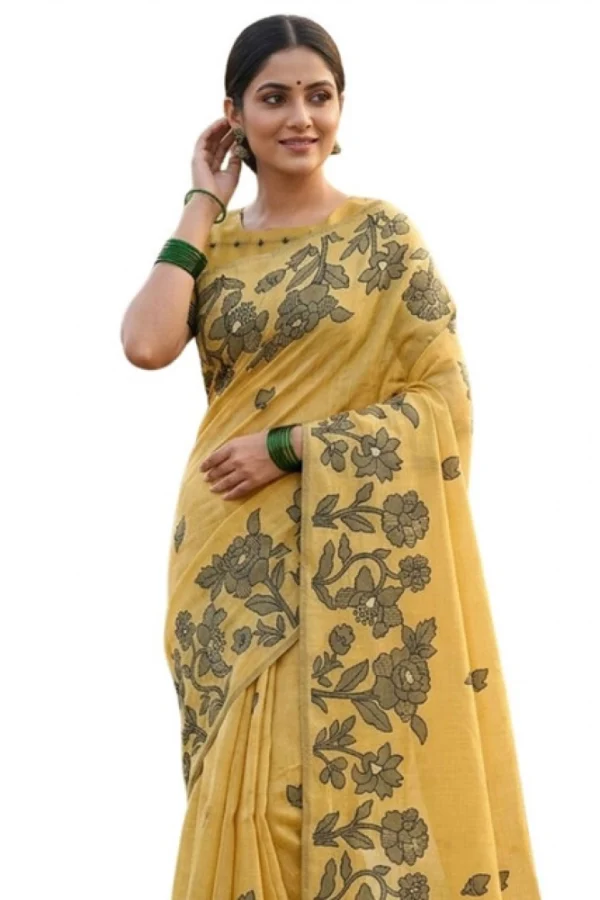 Women's Linen Cotton Printed Saree With Unstitched Blouse 5.5Mtr (Yellow)