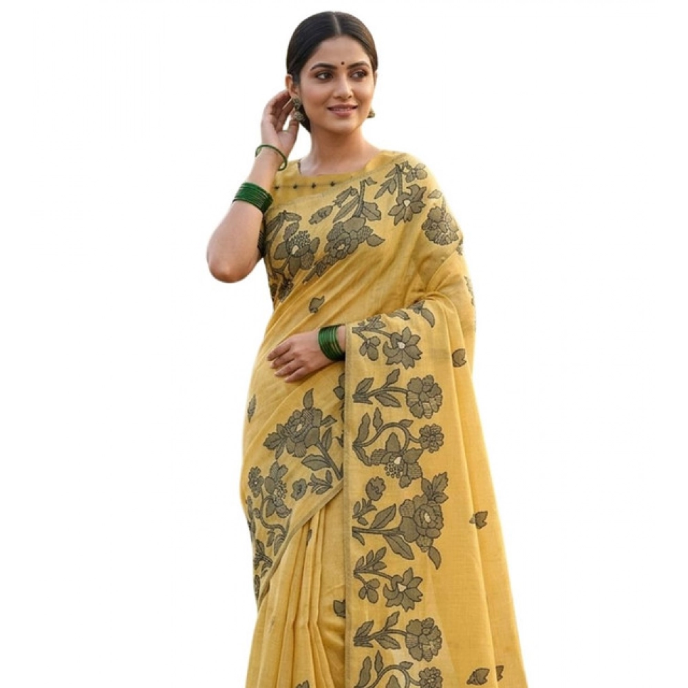 PID-65302-Women-s-Linen-Cotton-Printed-Saree-With-Unstitched-Blouse-5-5-Mtr-Yellow-1-1000x1000-1.webp Women's Linen Cotton Printed Saree With Unstitched Blouse 5.5Mtr (Yellow) - Image 1