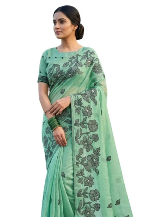 Women's Linen Cotton Printed Saree With Unstitched Blouse 5.5Mtr (Rama Green)