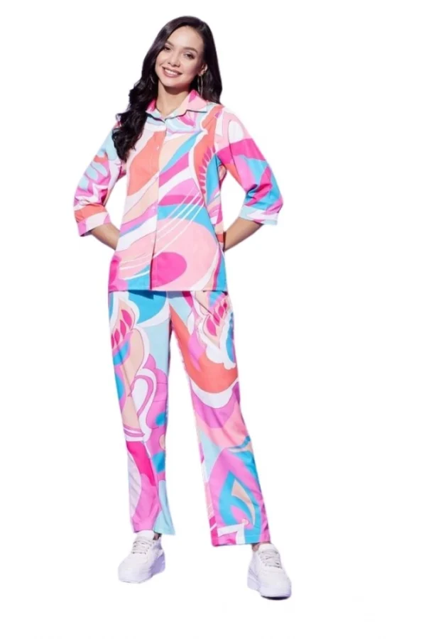 Women's Polyester Printed 3-4th Sleeve Co-Ord Set (Multicolor)