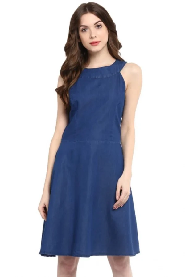 Women's Denim Solid Sleeveless Dress (Blue)