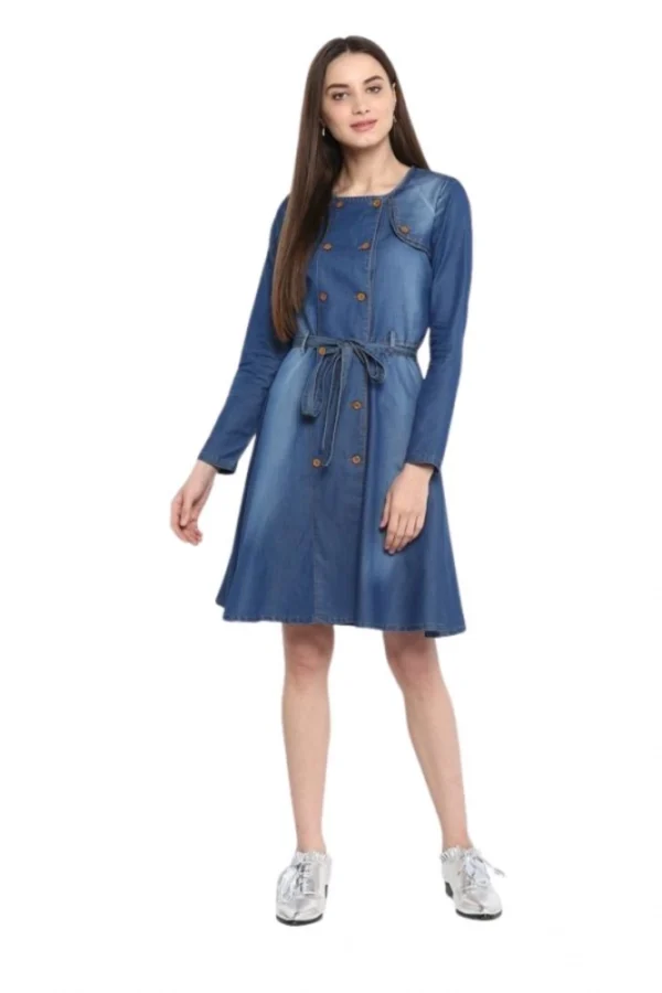 Women's Denim Washed Regular Sleeves Dress (Blue)