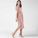 Women's Polyester Pleated Flutter Dress (Champagne Gold) - Image 3