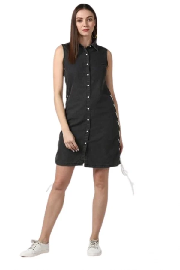 Women's Denim Solid Sleeveless Dress (Black)