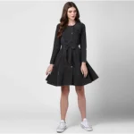 Women's Denim Washed Long Sleeves Dress (Black) - Image 4