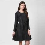 Women's Denim Washed Long Sleeves Dress (Black) - Image 3