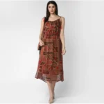 Women's Polyester Printed Shoulder Straps Dress (Maroon - Brown) - Image 4