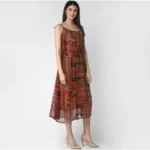 Women's Polyester Printed Shoulder Straps Dress (Maroon - Brown) - Image 3