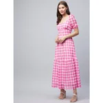 Women's Polyester Georgette Checkered Half Sleeve Dress (Pink) - Image 4