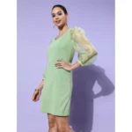Women's Organza And Polyester Lycra Solid Long Sleeves Dress (Green) - Image 4