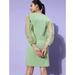Women's Organza And Polyester Lycra Solid Long Sleeves Dress (Green) - Image 3