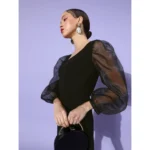 Women's Organza And Polyester Lycra Solid Long Sleeves Dress (Black) - Image 5