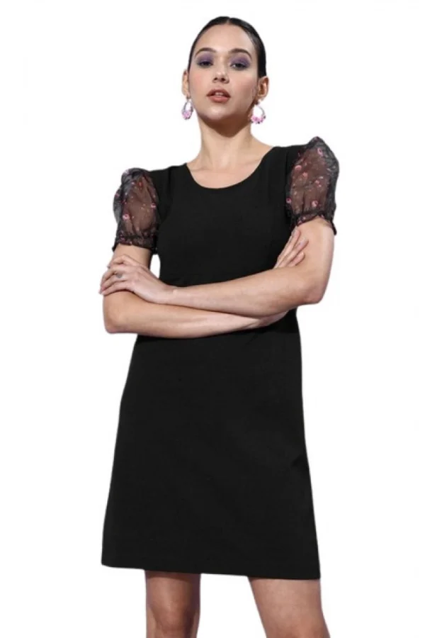 Women's Organza And Polyester Lycra Floral Short Sleeve Dress (Black)