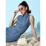 Women's Denim Solid Sleeveless Dress (Blue) - Image 5