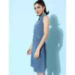 Women's Denim Solid Sleeveless Dress (Blue) - Image 4