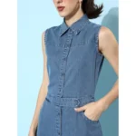 Women's Denim Solid Sleeveless Dress (Blue) - Image 3