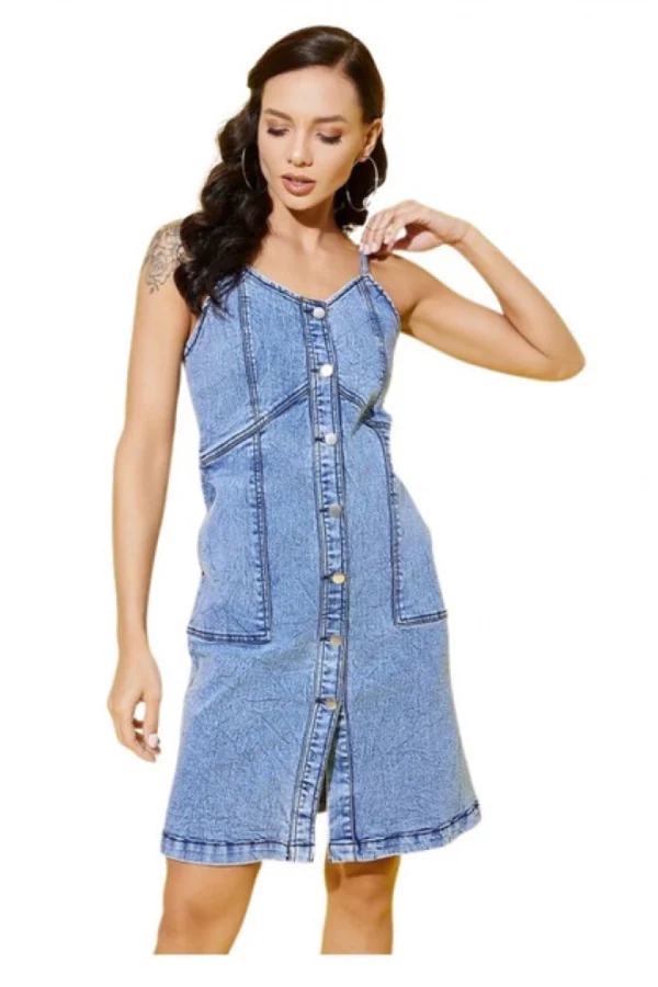 Women's Denim Solid Sleeveless Dress (Blue)